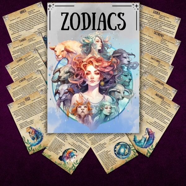 Secret Zodiac Grimoire pages, Printable Book of shadows, Wiccan journal, witchcraft, Astrology, zodiac sign, correspondences, BOS pages