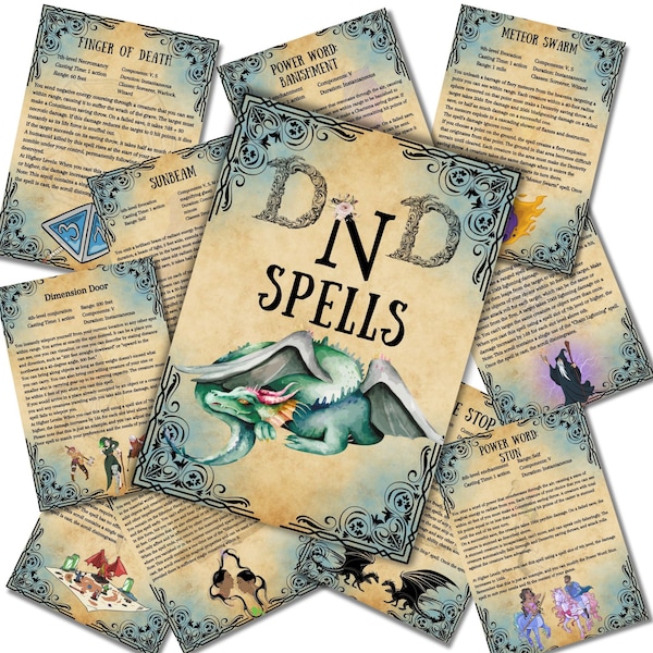 DND 5e spell scroll, DND spellbook, RPG printable class spells, Dungeons and dragons spells tools