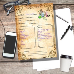 Witchy Spell Bottle Template, Witchcraft Printable Grimoire pages, Book of shadows page, Wicca journal, occult, pagan, potions witch
