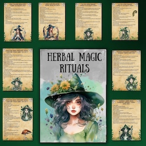 May include: A digital illustration of a witch with a green hat and flowers in her hair. The image is surrounded by a green background and has the text "HERBAL MAGIC RITUALS" in the center.