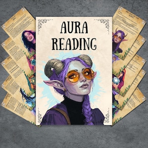 Puede incluir: Una ilustración digital de una mujer con cabello morado y cuernos que lleva gafas de sol amarillas. La ilustración está sobre un fondo beige con el texto "Aura Reading" en negro.