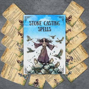 Puede incluir: Un conjunto de 10 hechizos de lanzamiento de piedras imprimibles con un fondo azul y una mujer lanzando un hechizo con búhos volando a su alrededor. El texto en las tarjetas dice "Stone Casting Spells".