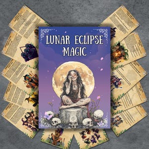 May include: A deck of cards with the title "Lunar Eclipse Magic" featuring an illustration of a woman meditating in front of a full moon. The cards are surrounded by other cards with illustrations and text, all on a gray surface.