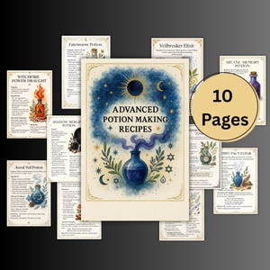 Puede incluir: Un conjunto de 10 páginas de recetas para hacer pociones. La página central muestra una botella de poción azul con vapor, y el texto "Advanced Potion Making Recipes". Otras páginas muestran diferentes recetas de pociones con ilustraciones y texto.