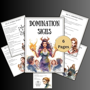 Könnte beinhalten: Ein Set von sechs illustrierten Seiten. Die zentrale Seite zeigt "DOMINATION SIGILS" mit einer Frau, die Flammen hält. Andere Seiten zeigen Sigillen und Anweisungen. Das Thema scheint spirituelle Praktiken zu sein.