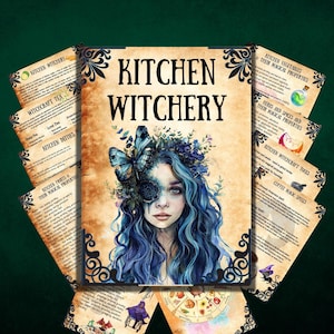 May include: A vintage-style illustration of a woman with blue hair and a butterfly covering her eye. The text "Kitchen Witchery" is written in large, bold letters at the top of the image. The image is surrounded by smaller images of kitchen herbs, spices, and tools.