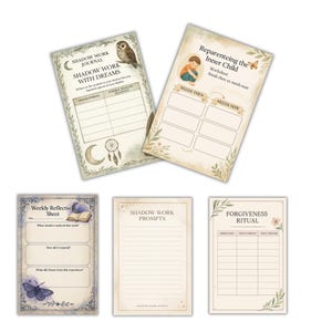 May include: A collection of five journal pages with watercolor illustrations and text. The pages include titles like "Shadow Work Journal," "Reparenting the Inner Child," and "Forgiveness Ritual." The designs feature botanical elements, an owl, a butterfly, and a dreamcatcher.