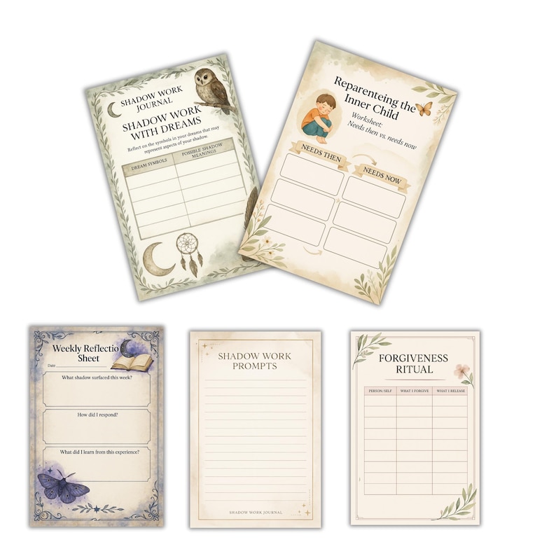 May include: A collection of five journal pages with watercolor illustrations and text. The pages include titles like "Shadow Work Journal," "Reparenting the Inner Child," and "Forgiveness Ritual." The designs feature botanical elements, an owl, a butterfly, and a dreamcatcher.
