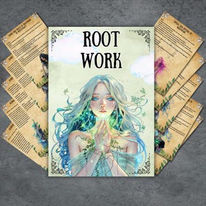 Puede incluir: Una ilustración digital de una mujer con cabello largo y azul que fluye y un vestido blanco. Está rodeada de hojas verdes y luces brillantes. El texto "ROOT WORK" está escrito en letras grandes y negritas en la parte superior de la imagen.