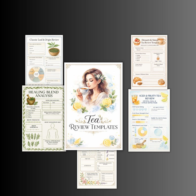 May include: A set of tea review templates with watercolour illustrations. The central image shows a woman with a teacup, surrounded by lemons and flowers. Other templates include charts for flavour, strength, and origin.