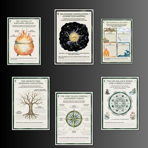 May include: A collection of six watercolor-style art prints with celestial and nature themes. The prints feature illustrations of a burning bowl, a tree, a compass, and a life balance wheel, with text overlays. The color palette includes greens, browns, and blues.