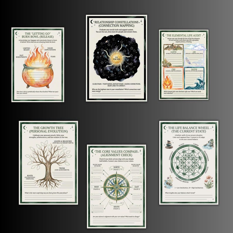 May include: A collection of six watercolor-style art prints with celestial and nature themes. The prints feature illustrations of a burning bowl, a tree, a compass, and a life balance wheel, with text overlays. The color palette includes greens, browns, and blues.