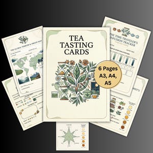 Może przedstawiać: Zestaw kart do degustacji herbaty z ilustracjami botanicznymi i układami informacyjnymi. Centralna karta wyświetla "TEA TASTING CARDS". Inne karty obejmują mapę świata, tracker infuzji i paletę smaków. Zestaw zawiera 6 stron w formatach A3, A4 i A5.