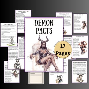 Puede incluir: Una guía de 17 páginas titulada "Demon Pacts". La imagen central muestra a una mujer con cuernos en un trono. Páginas adicionales detallan los componentes del pacto, la invocación, los tipos de ofrendas y los símbolos.