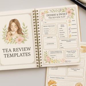 May include: A tea review journal with a spiral binding, featuring floral designs and the text "TEA REVIEW TEMPLATES." It has sections for aroma, petal notes, and emotional resonance, ideal for tea lovers.
