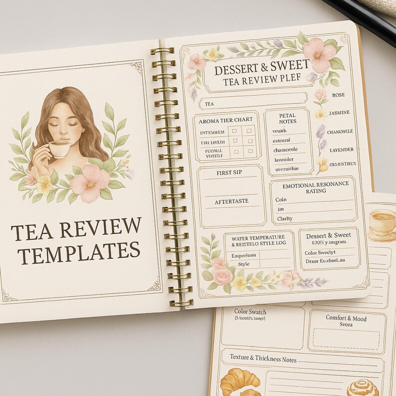 May include: A tea review journal with a spiral binding, featuring floral designs and the text "TEA REVIEW TEMPLATES." It has sections for aroma, petal notes, and emotional resonance, ideal for tea lovers.