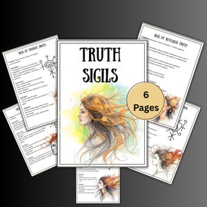 May include: A set of six pages titled "Truth Sigils" featuring an illustration of a woman with flowing orange hair. The pages contain text and symbols, set against a watercolour background. The theme appears to be related to spirituality and divination.