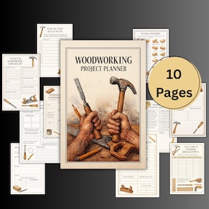 Puede incluir: Planificador de proyectos de carpintería con 10 páginas. La portada presenta una ilustración de acuarela de manos sosteniendo un cincel y un martillo. Páginas adicionales con listas de verificación y diagramas.