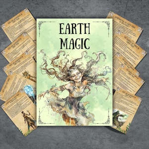 Puede incluir: Una ilustración verde y blanca de una mujer con el pelo largo y suelto y un vestido blanco. El texto "EARTH MAGIC" está escrito en letras grandes en la parte superior de la imagen. Hay varias tarjetas más pequeñas que rodean la imagen principal, cada una con texto sobre la magia de la tierra.
