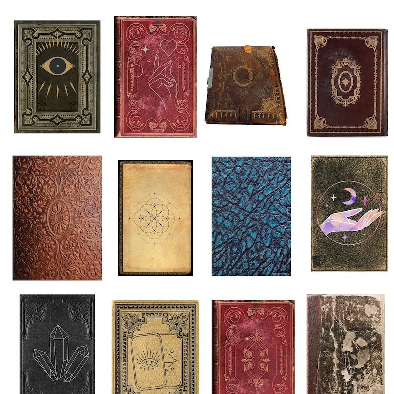 May include: Twelve different vintage style journals with various designs and textures. The journals have different colors, including brown, red, green, blue, and black. Some of the journals have intricate designs, while others have simple patterns. All of the journals have a blank cover.
