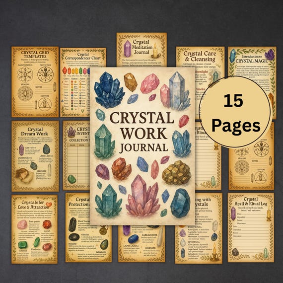 crystal work grimoire pages, crystal book of shadows, printable, crystal guide, baby witch, charging, cleansing, Crystal Magic PDF