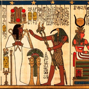 May include: An ancient Egyptian papyrus painting depicting three figures. One figure is in white, another in red and gold, and the third in red. Hieroglyphs and decorative elements are present, with a blue border at the top of the artwork.