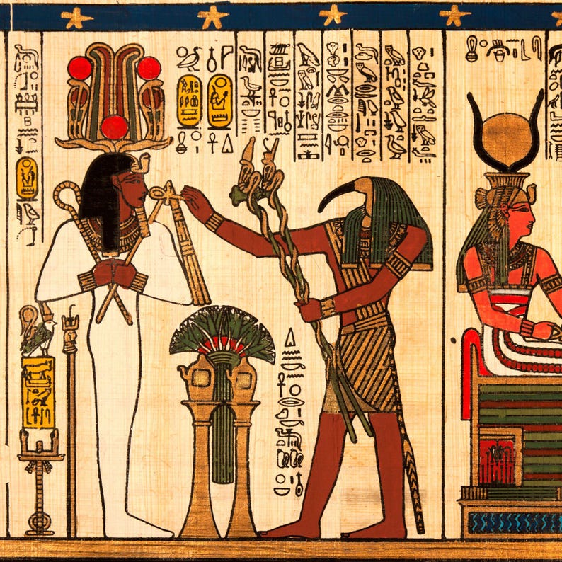 May include: An ancient Egyptian papyrus painting depicting three figures. One figure is in white, another in red and gold, and the third in red. Hieroglyphs and decorative elements are present, with a blue border at the top of the artwork.
