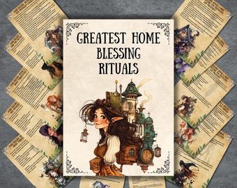 May include: A central card with the text "Greatest Home Blessing Rituals" is surrounded by smaller cards with illustrations of women and text. The central card features a woman with long brown hair and a whimsical building. The color palette includes browns, greens, and creams.