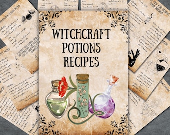 Recetas de hierbas y pociones de brujería, páginas del Libro de las Sombras para brujas principiantes, magia wicca, grimorio, páginas de libros de hechizos