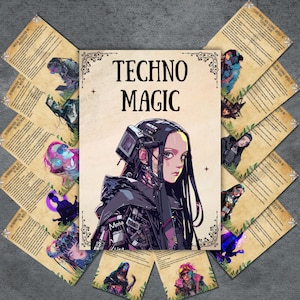 Op de afbeelding: Een digitale kunstprint met een cyberpunk vrouw met een futuristische helm en een gloeiend blauw oog. De print heeft een vintage esthetiek en bevat de tekst "Techno Magic".