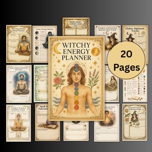 May include: A collection of 20-page Witchy Energy Planner pages with illustrations and text. The central image features a person with chakra symbols. Other pages include titles like "Morning Energy Ritual Planner" and "Chakra Alignment Tracker."