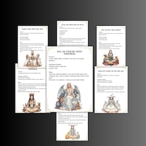 May include: A collection of illustrated spell cards with text. The cards feature images of mystical figures, animals, and text describing spells for healing, attracting opportunities, and achieving goals. The cards are arranged on a dark surface.