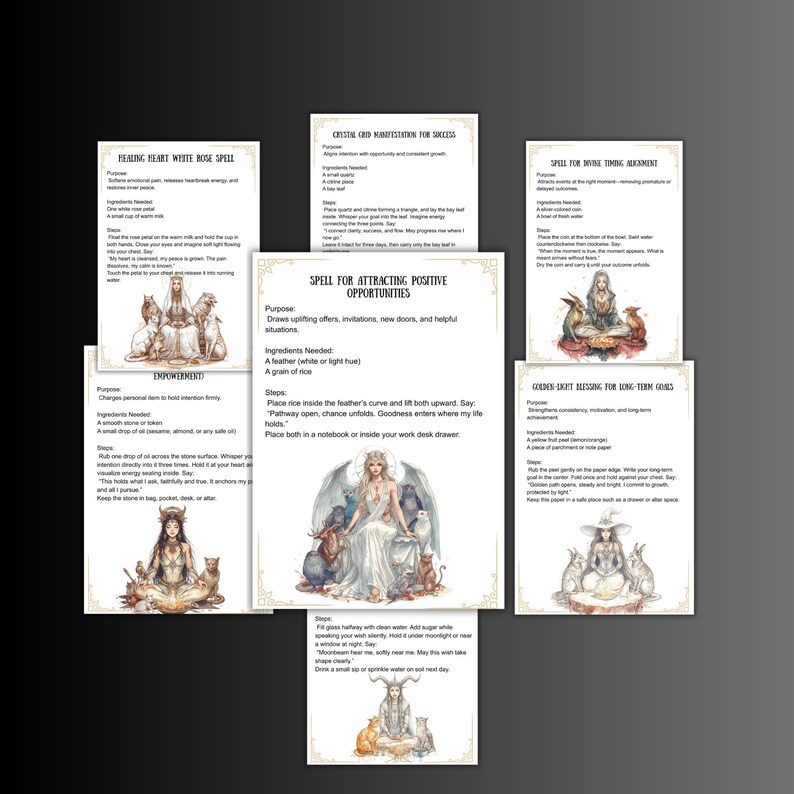 May include: A collection of illustrated spell cards with text. The cards feature images of mystical figures, animals, and text describing spells for healing, attracting opportunities, and achieving goals. The cards are arranged on a dark surface.