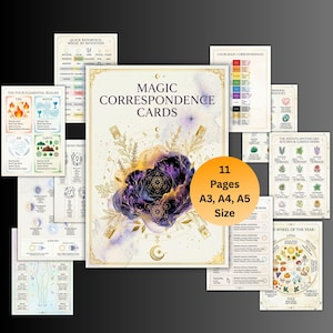 May include: A collection of 11 magic correspondence cards in A3, A4, and A5 sizes. The central card features the text "MAGIC CORRESPONDENCE CARDS" with a purple and gold floral design. Other cards display elemental realms, color correspondences, and herb information.