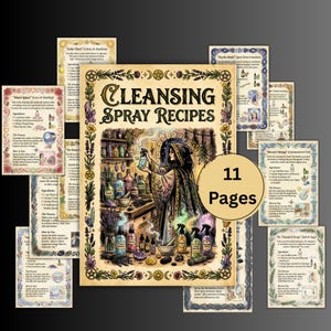 Pode incluir: Uma cole&ccedil;&atilde;o de 11 p&aacute;ginas de receitas de sprays de limpeza. A imagem central apresenta uma mulher com uma capa com capuz segurando um borrifador, rodeada por frascos e ingredientes. O t&iacute;tulo "Cleansing Spray Recipes" &eacute; exibido em destaque.