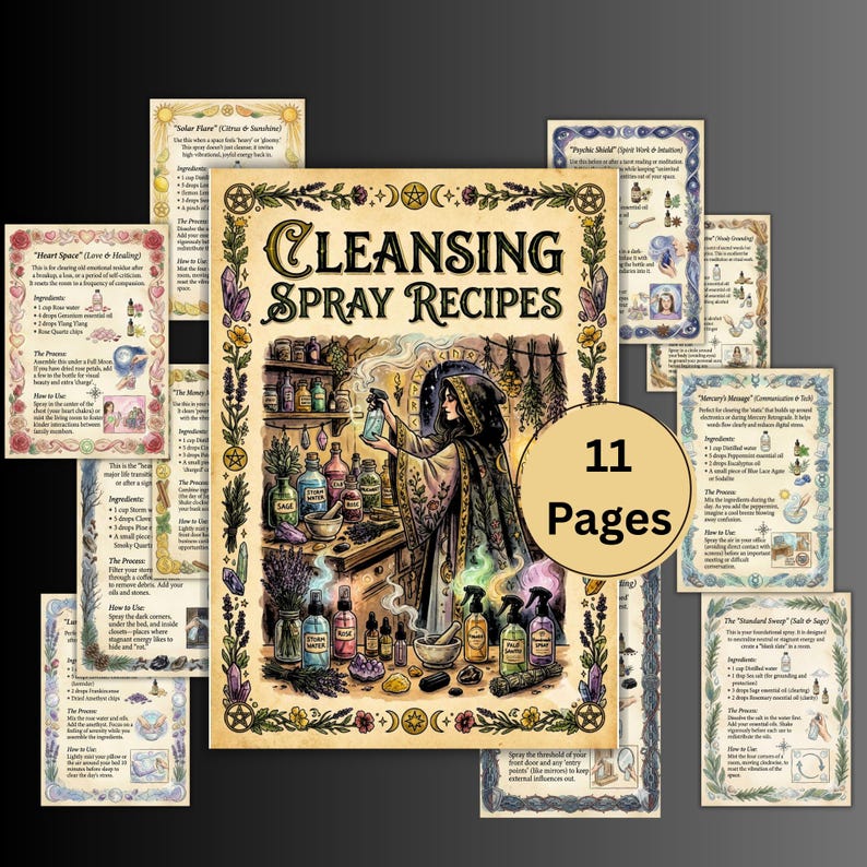 Pode incluir: Uma cole&ccedil;&atilde;o de 11 p&aacute;ginas de receitas de sprays de limpeza. A imagem central apresenta uma mulher com uma capa com capuz segurando um borrifador, rodeada por frascos e ingredientes. O t&iacute;tulo "Cleansing Spray Recipes" &eacute; exibido em destaque.