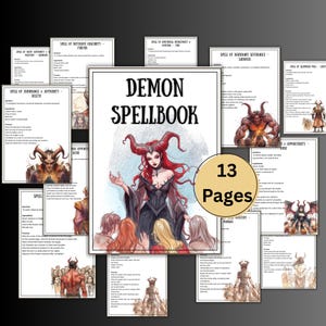 Pode incluir: Um "Demon Spellbook" com 13 páginas, apresentando ilustrações de demônios e feitiços. A arte da capa retrata um demônio feminino com cabelo e chifres vermelhos. As páginas circundantes detalham vários feitiços.
