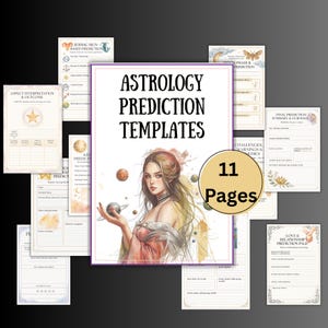 May include: A collection of astrology prediction templates, featuring a central image of a woman holding a planet. The templates include sections for zodiac signs, aspect interpretation, and love & relationship predictions. The image also includes the text "Astrology Prediction Templates" and "11 Pages".