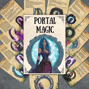 May include: A set of printable cards with instructions for a portal magic game. The cards feature illustrations of portals and a woman with blue hair standing in front of a large portal.