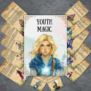 May include: A young woman with long blonde hair holds a glowing blue orb in her hands. The background is a watercolor painting of a sky with clouds. The text "Youth Magic" is written in black letters at the top of the image.