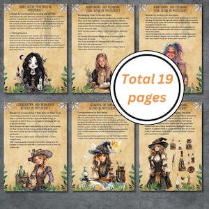 May include: A collection of six printed pages with watercolor illustrations and text about witchcraft practices. The pages are arranged around a central circular graphic that reads "Total 19 pages."