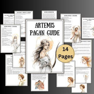 May include: An "Artemis Pagan Guide" with 14 pages, featuring illustrations of Artemis and related imagery. The cover displays a portrait of Artemis with a bow. Surrounding pages contain text and illustrations.