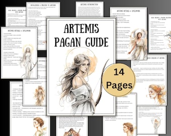 May include: An "Artemis Pagan Guide" with 14 pages, featuring illustrations of Artemis and related imagery. The cover displays a portrait of Artemis with a bow. Surrounding pages contain text and illustrations.