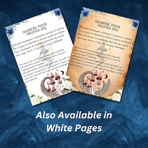May include: Two vintage-style cards with a brown background and white text. The cards feature illustrations of mushrooms and a crescent moon. The text on the cards reads "Elecampane Psychic Perception Spell" and "Eve Oil". The cards are also available in white pages.