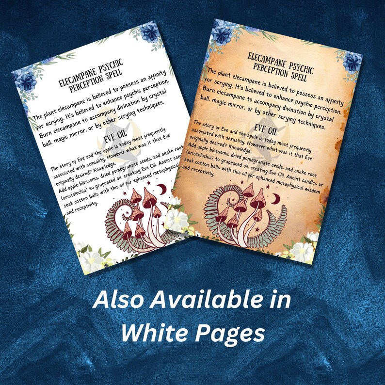 May include: Two vintage-style cards with a brown background and white text. The cards feature illustrations of mushrooms and a crescent moon. The text on the cards reads "Elecampane Psychic Perception Spell" and "Eve Oil". The cards are also available in white pages.