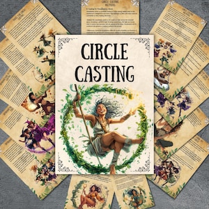 Op de afbeelding: Een set printbare kaarten met illustraties van mensen die spreuken uitspreken in een cirkel. De kaarten hebben een perkament-achtige achtergrond en bevatten de tekst "Cirkel Casten Methoden".