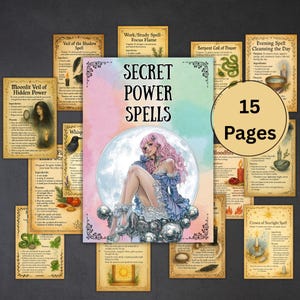 May include: A collection of 15-page spell cards with a central image of a woman with pink hair, surrounded by other cards. The main card reads "Secret Power Spells". The cards feature illustrations and text, with titles like "Moonlit Veil" and "Serpent Coil".