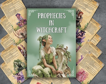 May include: A green and white illustrated book titled "Prophecies in Witchcraft" with a green-skinned fairy sitting on a white and green ornate chair. The book is surrounded by smaller cards with text and illustrations.
