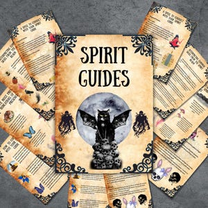 May include: A printable guide to connecting with spirit guides. The guide features a black cat with bat wings sitting on a pile of skulls in front of a full moon. The text "Spirit Guides" is written in black lettering on a parchment background.
