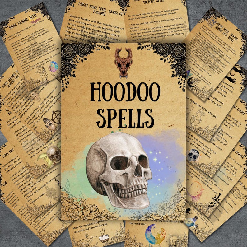 Może przedstawiać: Zbi&oacute;r kart w stylu vintage z instrukcjami do zaklęć Hoodoo. Karty przedstawiają ilustrację czaszki i tekst, taki jak "Djinn Healing Spell", "Target Judge Spell", "Victory Spell", "Hoodoo Spells" i "Love Spell".